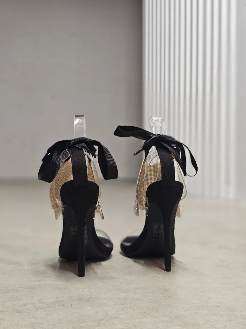 Black High Heel Sandals With Rhinestone Embellished Panels Clear Straps & Ribbon